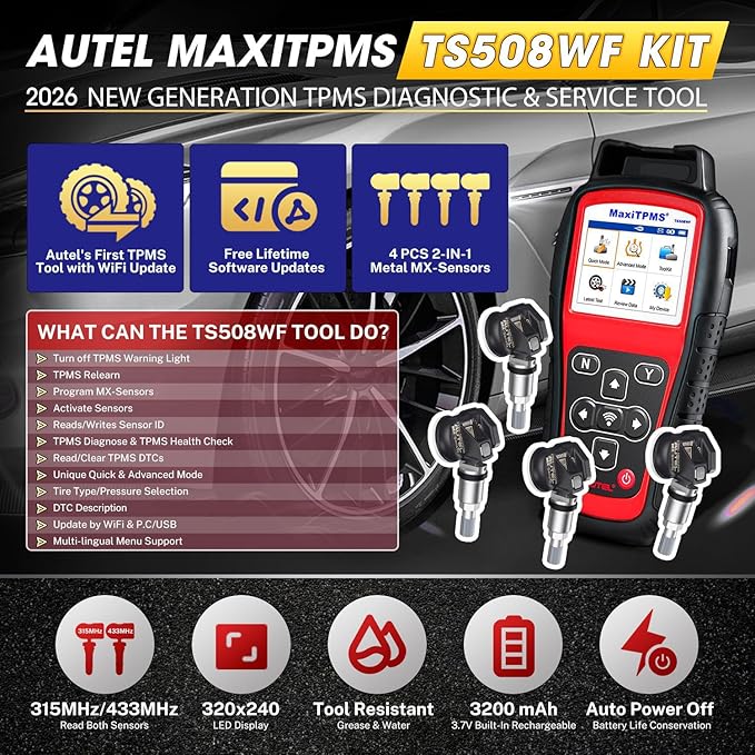 2026 Autel MaxiTPMS TS508WF KIT TPMS Programming Tool, WiFi Ver. of TS508K TS508 TS501 TS601 with 120bucks 4PCS 315 433MHz MX Sensors, Relearn Activiate All Sensor, Clear TPMS DTCs, Lifetime Update