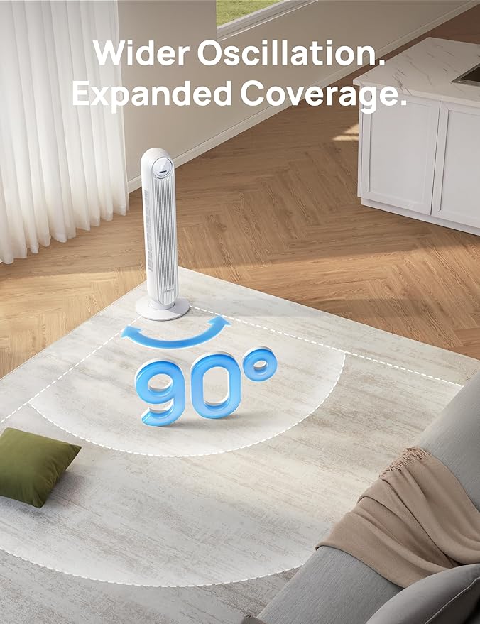 Dreo Tower Fan for Bedroom, 25ft/s Smart Standing Fans, 90° Oscillating Floor Fan with 4 Modes, 4 Speeds, 8H Timer, 28dB, Bladeless, Remote, 28 dB, Works with WiFi Voice Control
