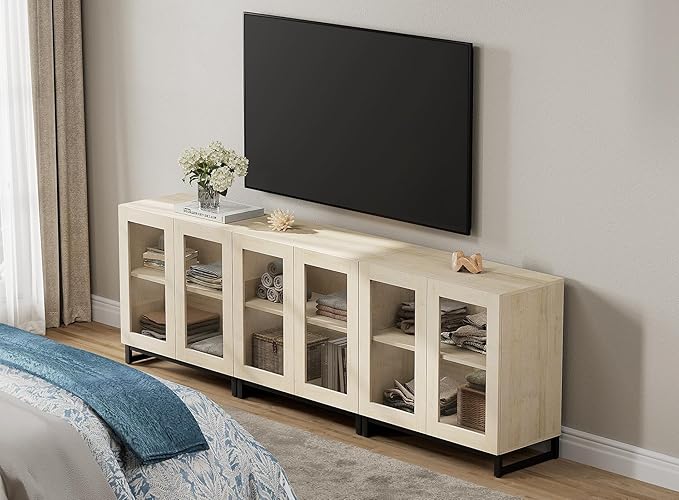 WAMPAT Modern TV Stand with Glass Doors for 110 inch TVs, 3 in 1 Entertainment Center Console with Adjustable Shelves and Metal Base for Living Room, Bedroom, Light Oak