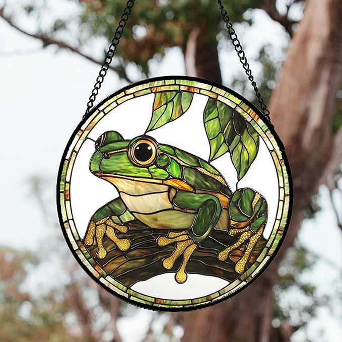 DASTOLL Stained Glass Window Hanging, Frog Green Leaf Sun Catchers Colorful Glass Panel Cool Suncatcher Decor for Birthday for Women, Men, Wife, Aunt, and Mom 14.9x14.9 in