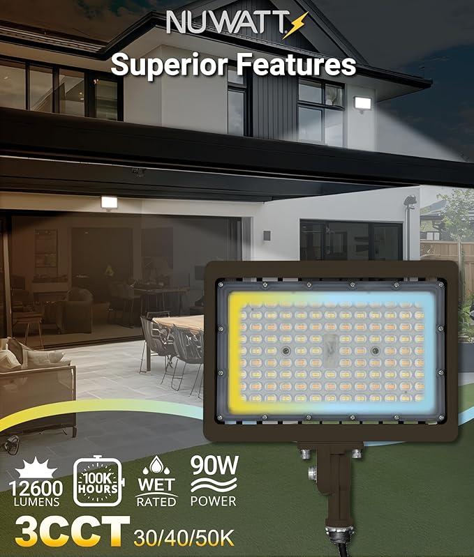 NUWATT 90W LED Flood Light, 3CCT 3000K/4000K/5000K Selectable, IP65 Waterproof Lighting, Adjustable Knuckle Mount, 12600LM, 0-10V Dimmable, 120-277V, Outdoor Security Floodlight for Yard, Bronze, UL
