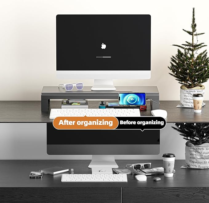 GECKOSTROLL Computer monitor stand Laptop Desk Shelf & Monitor Riser ，21.6 inches,22W charging , 2 USB 3.0 , and 1 USB 2.0， Monitors/PC/Laptop/Computer Space Saver Organizer ，Heavy Duty Gift Gaming Studio Office (USB Hub Fast Charging Version, 550mm)