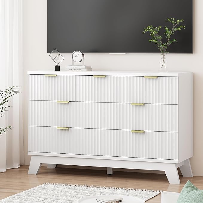 Xixini Fluted Dresser for Bedroom with 7 Drawers, 48" Wide Modern Chest of Drawers with Metal Handle, Wooden Dresser TV Stand, Wood Closet Clothes Storage Organizer for Living Room, Hallway, White