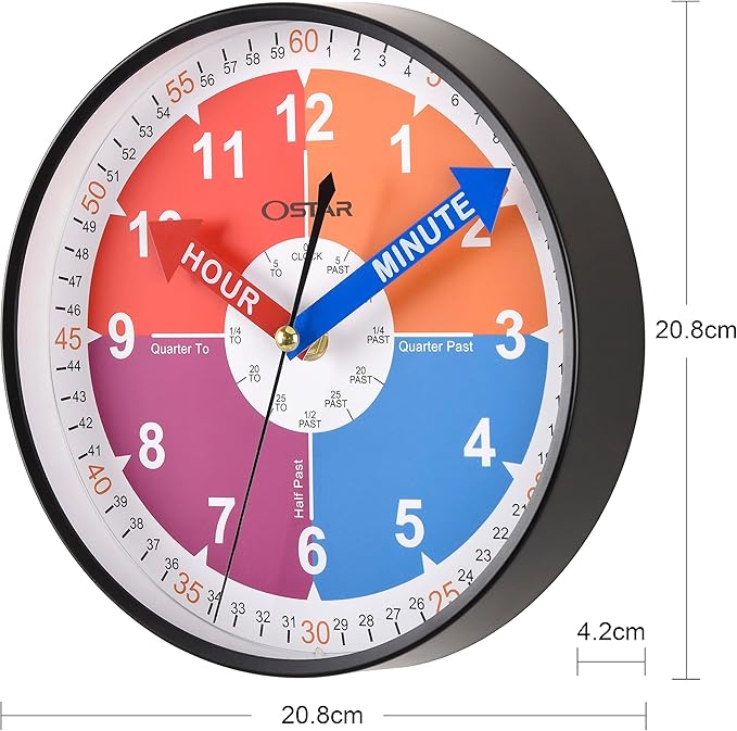 OSTAR Telling Time Teaching Wall Clock, Analog Silent Learning Clock for Kids Room Decor Battery Operated