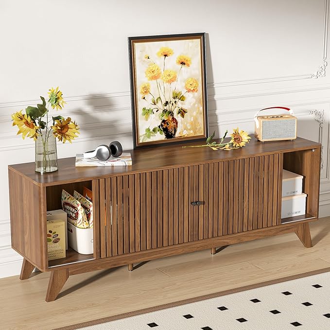 Oubayajia Mid Century Modern TV Stand for Televisions up to 70 Inches, with Sliding Doors and Storage, Curved Edge Television Stands, TV Consoles, Media Consoles for Living Room (Walnut, 63inch)