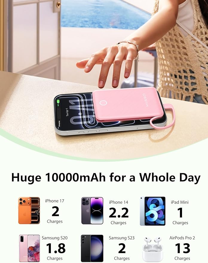 10000mAh Mini Portable Charger with Built in Cable, Pocket Size Power Bank Travel External Battery Pack for Phone, 3 Output USB Type C Cord Clutch Compatible with iPhone, Samsung, 2 Pack Black & Pink