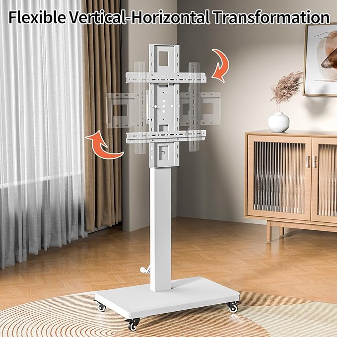 XinleTech Mobile TV Cart Stand for 32-80 Inch TVs,90°Landscape to Portrait Rotating,Manual Height Adjustable Cart,Holds 110 Lbs,Max VESA 600x400mm,Portable tv Stand on Wheels,XL-XZ08W