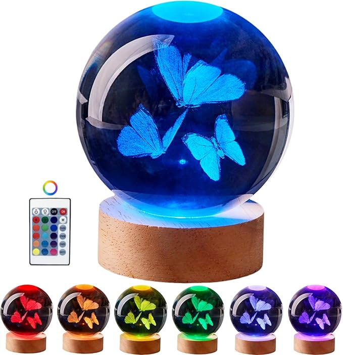3D Butterfly Crystal Ball Lamp,Lifelike Three Butterflies Night Light,16 Colors Changing Light,Dimmable Remote Control, Gift Lamp (Butterfly)