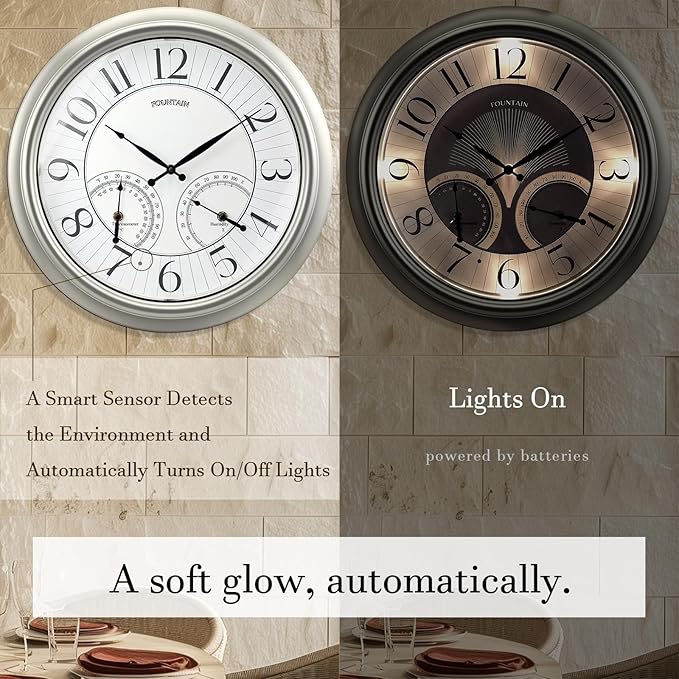 FOUNTAIN DESIGNS 18" Illuminated in/Outdoor Clock with Smart Sensor and Night Light, Waterproof, Large Wall Clock with Thermometer & Hygrometer, for Garden,Pool and Patio Decor (Morning Silver)