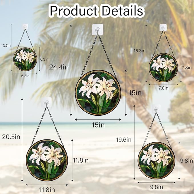 CRISGIF Stained Glass Window Hanging, White Lily Suncatcher for Door Garden Patio Birth Flower Green Plant Sun Catchers Decor Christmas Mother's Day Birthday Gifts for Women Mom Nana Friend 7.8 in
