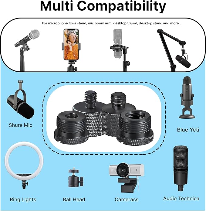 IXTECH Mic Stand Adapter Set - 8 Piece Metal Mic Stand Adapter Kit - 3/8 to 5/8 & 1/4 to 5/8 Female to Male Thread Adapter - Boom Arm Adapter (2)