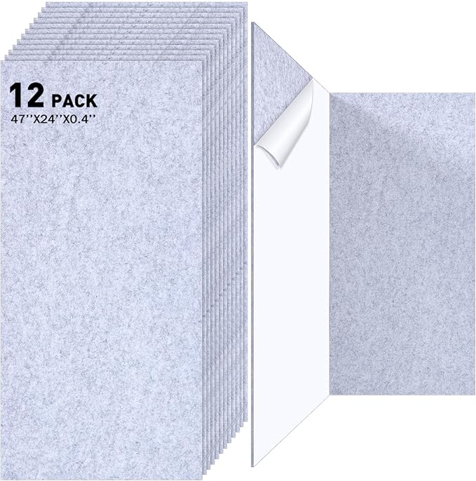 12 Pack Large Acoustic Panels, 47 x 24 x 0.4 Inch Self-adhesive Sound Absorbing Panel for Studio Home Office(Gray)