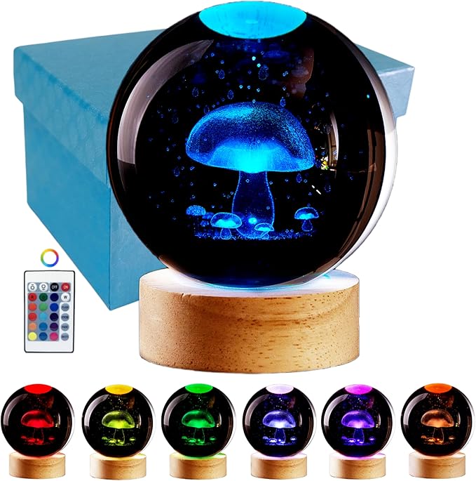 Conalisk 3D Mushroom Crystal Ball Lamp, Lifelike LED Mushroom Night Light, 16 Colors Changing Light, Dimmable Remote Control, Desk Lamp