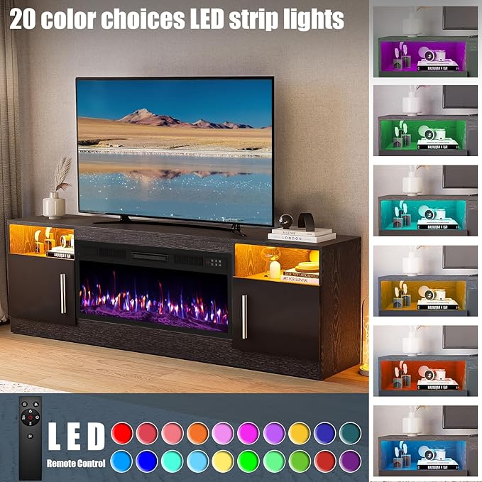 VITESSE Fireplace with TV Stand 36" inch Electric Fireplace Up to 80" TVs, LED Light Entertainment Center, 70" Modern Wood High Gloss with Highlight Storage Cabinet for Living Room (Black)