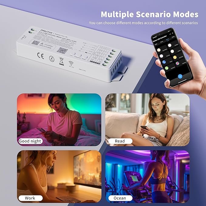 PAUTIX Matter WiFi LED Controller 5in1 ML5 Compatible with Tuya APP/Homekit/Smart Life/Alexa/Google Home/Siri, DC12-48V Dimmable Controller for Single Color/CCT/RGB/RGBW/RGBCCT LED Strip Lights
