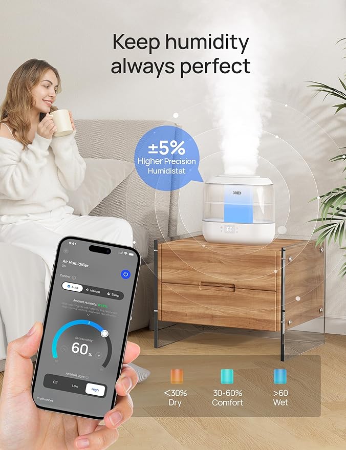 DREO Smart Humidifiers for Bedroom, Top Fill 4L Supersized Humidifier Large Room with 28 dB, 36H Runtime, Touch/APP/Voice Control, Nightlight, Cool Mist Humidifiers for Baby, Plants, Indoor, White