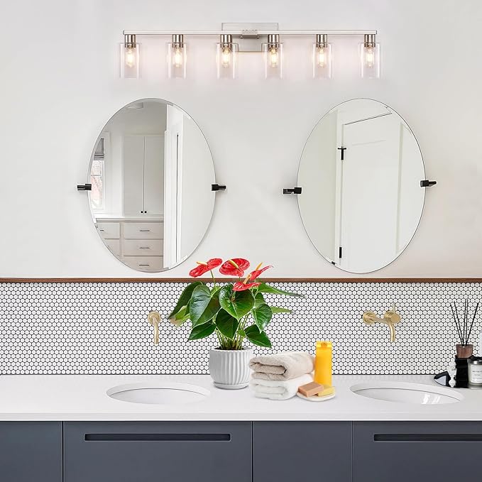 SOPEAS 6-Light Bathroom Light Fixtures, Vanity with Clear Glass, Brushed Nickel Lighting Fixtures Over Mirror, 42inch Large Lights for Bathroom