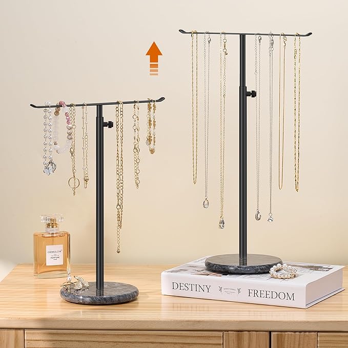 Josmimic Black Necklace Holder Jewelry Organizer Stand – Adjustable Height T‑Bar Jewelry Display with Dark Gray Marble Base, Necklace & Bracelet Holder, Countertop Jewelry Rack