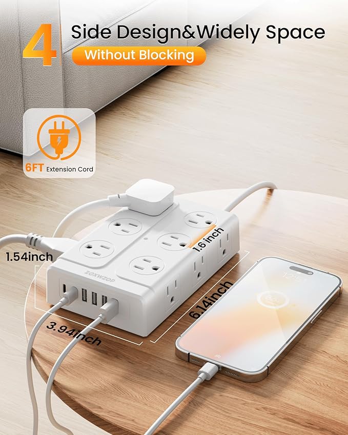 Zoxwzop Surge Protector Power Strip – 10FT Extension Cord with 12-Outlet 4 USB-A & 2 USB-C Ports, 1850W/15A, Flat Plug, Wall Mountable – ETL Listed for Home, Dorm Room