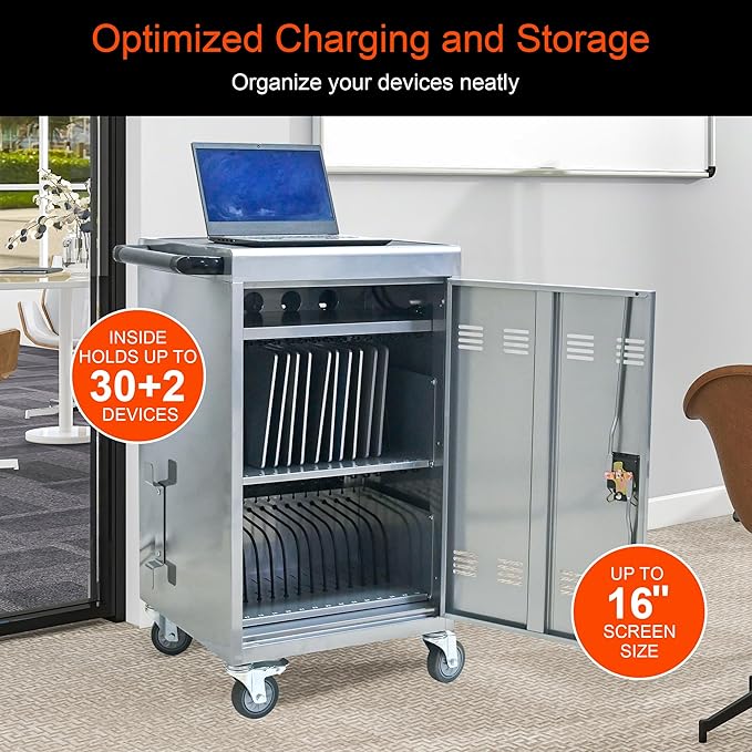 Aokleo Laptop Charging Cart,32 Devices Tablet Storage Carts for Pad Up to 16.3" Screen Size, Classroom Computer Mobile Charging Station for Pads,Chromebooks,Laptops,Security Storage (30+2 Bay-Silver)