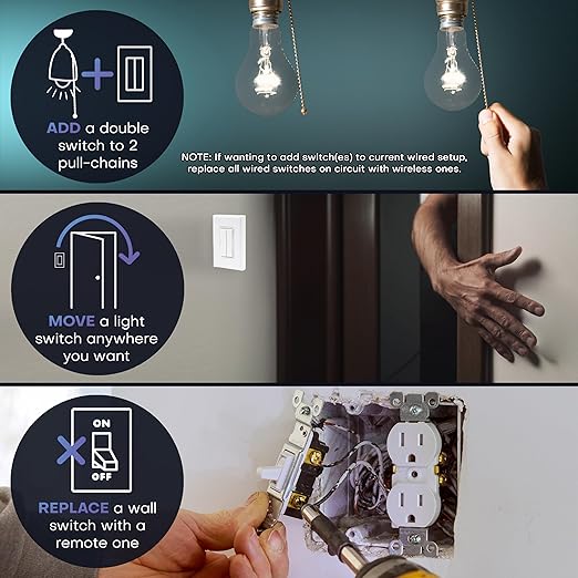 RunLessWire Fan & Light Battery-Free DIY Wireless Light Switch Kit 150ftRF Range Kinetic for Bathrooms & Ceiling Fans: 1 Dual Remote Switch Controls 2 5A On/Off Receivers Separately – Black