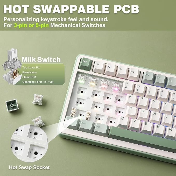 YUNZII B75 PRO Wireless Mechanical Keyboard,75% Layout with Knob,Hot Swap Gasket Structure,Creamy Pre-lubed Switches,RGB Backlit,Bluetooth/Type-C/2.4G for Win/Mac (Matcha Green, Milk Switch)