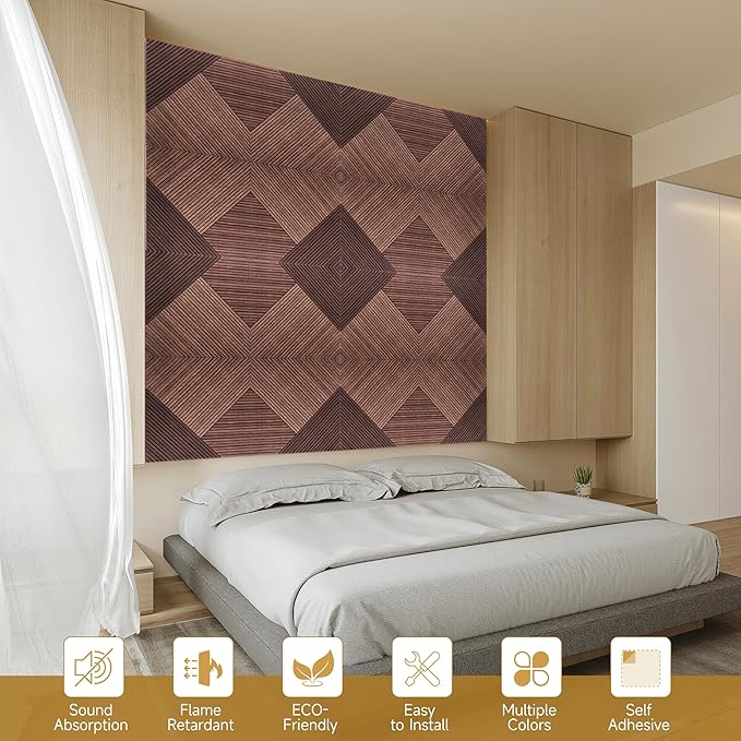 Autorific Acoustic Wall Panels,6 Pack Total Size 72 x 48 Inches,Self-Adhesive Decorative Acoustic Panels for Wall and ceiling,3D UV Printing with Wood Look,Red Sandalwood
