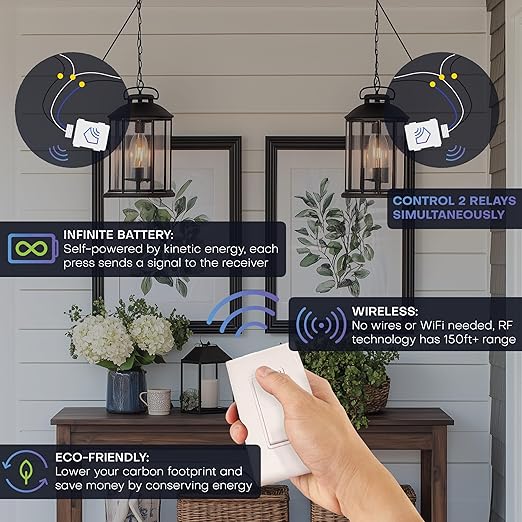 RunLessWire 2 Fixture Battery-Free DIY Kinetic Wireless Light Switch Kit 150ft RF Range for Different Fixtures or Outlets: 1 Remote Switch Controls 2 5A On/Off Receivers Simultaneously – Black