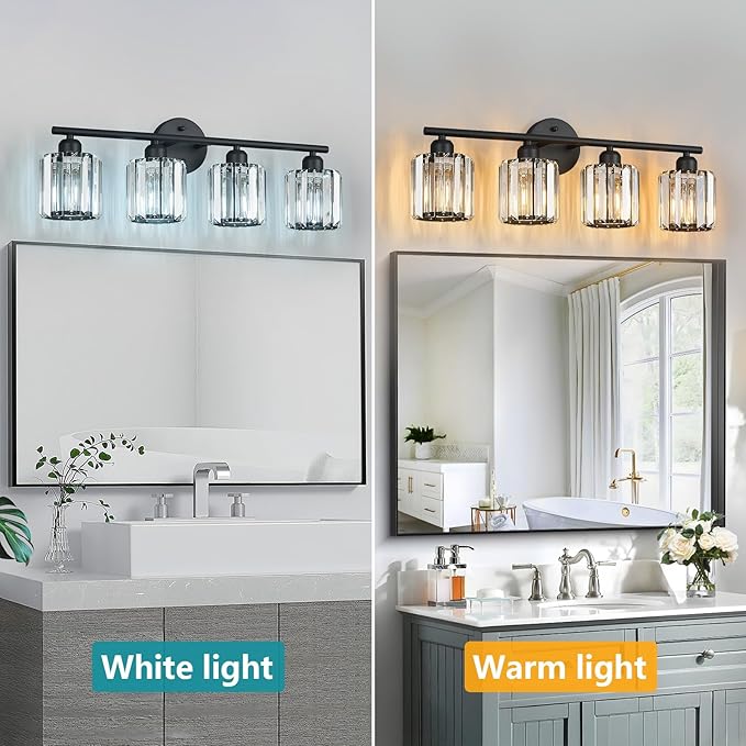 FDPBY Modern 4 Light Crystal Vanity Light, Black Vertical Bathroom Light Fixture Over Mirror for Dressing Table Sink, Compatible with Dimmable Bulbs (Bulbs Not Included)