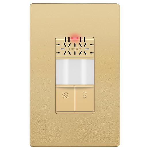 LIDER Humidity Sensor Switch and Motion Sensor Light Switch, PIR Sensor, Humidity Detection, Occupancy/Vacancy, No Neutral Required, ¼ HP, 1-Pole, Gold, Screwless Wall Plate Included