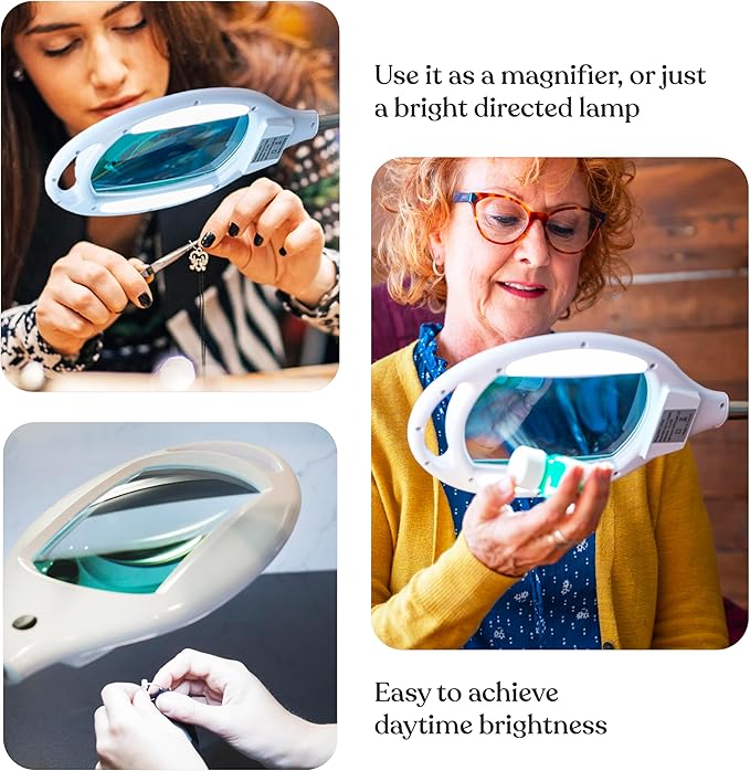 Brightech LightView Pro LED Magnifying Floor Lamp - Daylight Bright Full Spectrum Magnifier Lighted Glass Lens - Height Adjustable Gooseneck Standing Light - for Reading Task Craft Lighting - White