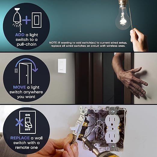 RunLessWire 4-Way Battery-Free DIY Wireless Light Switch Kit 150ft RF Range Self-Powered by Kinetic Energy for Hallways & Stairways: 3 Remote Switches Control 1 5A On/Off Receiver – Light Almond