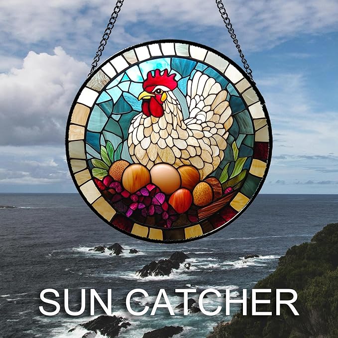 DASTOLL Stained Glass Window Hanging White Chicken Hatching Eggs 6.3" - Suncatcher Door Garden Sunroom Sun Catcher Home Decor Birthday Christmas for Mom Men Woman Nana
