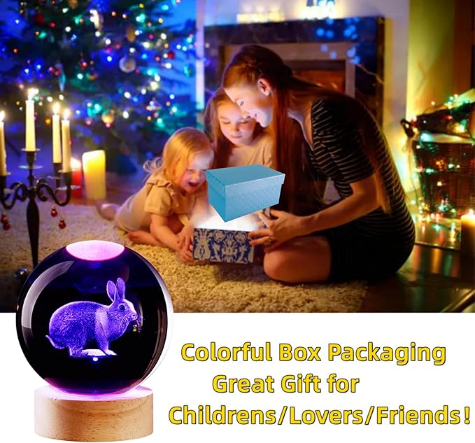 3D Crystal Ball Lamp with Lifelike LED Rabbit, 16 Color Changing Light, Dimmable Remote Control
