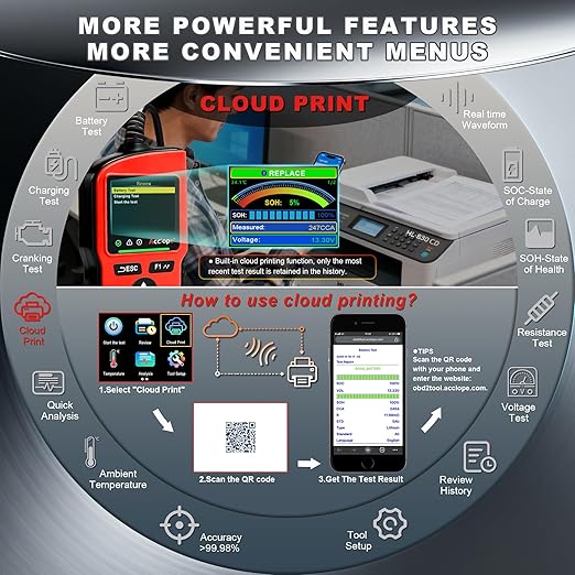Acclope BT90 PRO 2-360Ah Battery Tester with Cloud Printing, 30-3800 CCA, 6V/12V/24V Digital Analyzer, SOH/SOC/Volt/Res/Cranking&Charging Test, Real‑Time Ambient Temp, AGM/EFB/Gel/Li