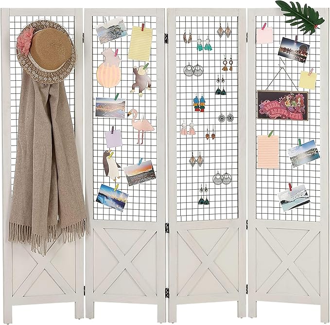 Wnutrees 4 Panel Gridwall Display, Portable Freestanding Display Board for Craft/Art Shows, Retail, Events, Decorative Wood Room Divider Folding Screens, White