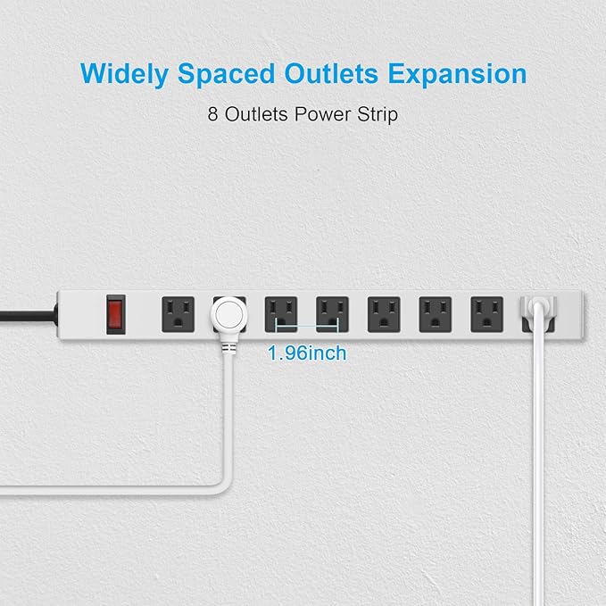 JUNNUJ Metal 8 Outlet Power Strip, Mountable Heavy Duty Power Strip, 1200J Surge Protector Wall Mount Screws Outlet with Switch, Gaming Desk Strips Wide Spaced 15A 125V 1875W, 3 FT 14AWG Power Cord