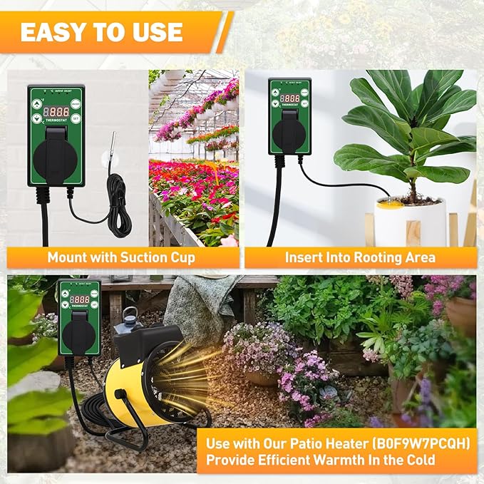 COOS BAY Digital Thermostat Controller -4 to 108°F, Temperature Control for Greenhouse Heater, Heat Mat, Grow Tent, Garage, Reptile Enclosure, Homebrew, Seedling, 15A/1500W, Green, 2 Pack