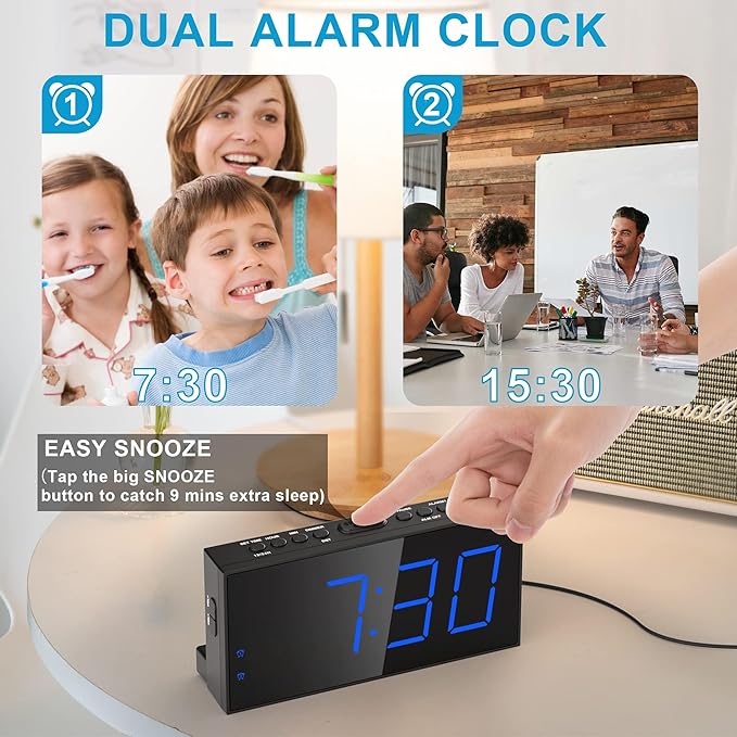 Extra Loud Dual Alarm Clock with Vibration for Bedroom,Extreme Bed Shaker Alarm Clock for Deep Sleeper Hard of Hearing Deaf,7" Clear LED Display,USB Port,Battery Backup,Easy to Set for Senior,Kids,DST