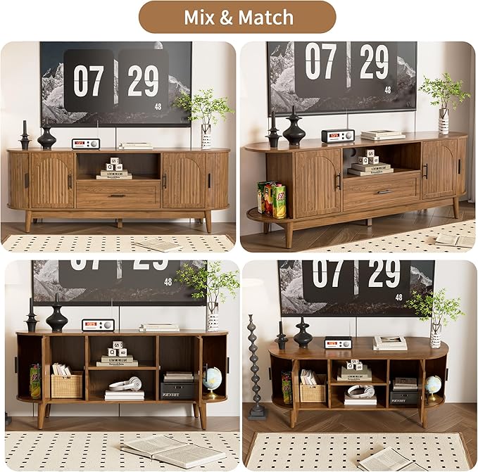 Mxtxmy 63" Fluted TV Stand for Tvs up to 70", Mid-Century Modern Entertainment Center with Drawers and Fluted Doors, Curved TV Media Console Table with Sliding Doors for Living Room, Bedroom (63")