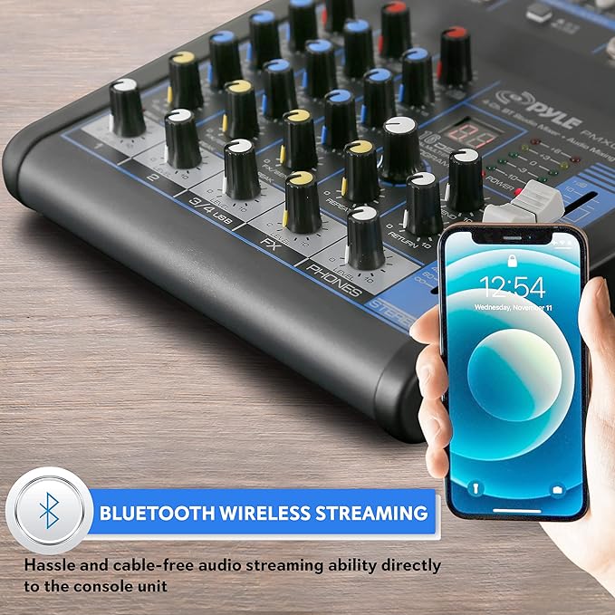 Pyle Professional 4 Channel Audio Mixer with Bluetooth - DJ Sound Board - USB Computer Input - Built-in MP3 Player - 48V Phantom Power - 3 Band EQ - 16-Bit DSP FX - Band, Studio Ready - PMXU43BT