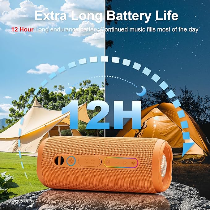 YOLOEMOT Shower Bluetooth Speaker Waterproof, Powerful Deep Bass, Wireless Stereo Pairing, IPX7 Waterproof Dustproof,12H Playtime, Outdoor Bluetooth Speakers for Travel, Sport, Party, Biking (Orange)
