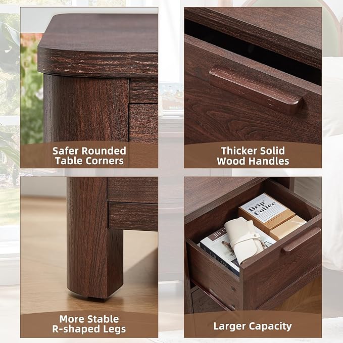 Joaxswe Farmhouse Nightstand Set of 2 with Charging Station, End Tables Bedroom with 2 Large Drawers & 4 Thickened Table Legs, Walnut