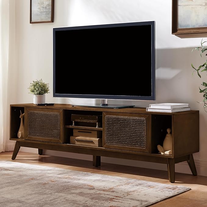 LKTART 68 Inch Mid Century Modern TV Stands with Rattan Doors, MCM Entertainment Center Media Console for 60/65/70/75 inch TVS, Long Boho Television Stand for Living Room, Dark Walnut