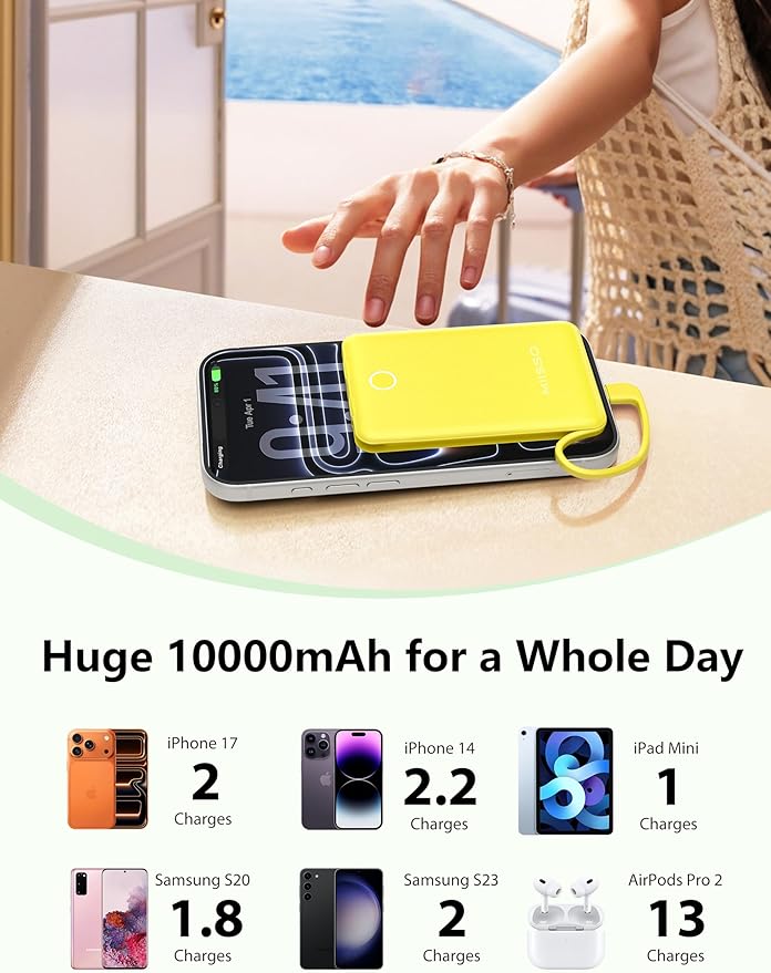 miisso 10000mAh Mini Portable Charger with Built in Cable, Pocket Size Power Bank Travel External Battery Pack for Phone, 3 Output USB Type C Cord Clutch Compatible with iPhone, Samsung, Yellow