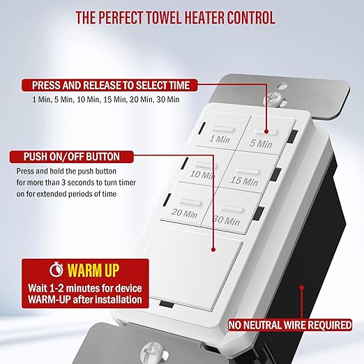 ENERLITES 30-Minute No Neutral Countdown Timer Switch, 1-5-10-15-20-30 Min, for Bathroom Fans, Heaters, Lights, 120VAC 800W, UL Listed, HET06A-J-W, White