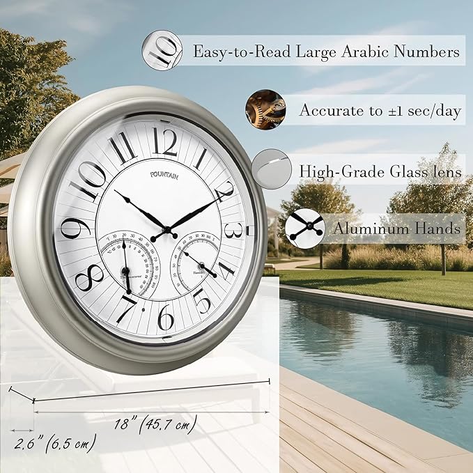 FOUNTAIN DESIGNS 18" Illuminated in/Outdoor Clock with Smart Sensor and Night Light, Waterproof, Large Wall Clock with Thermometer & Hygrometer, for Garden,Pool and Patio Decor (Morning Silver)