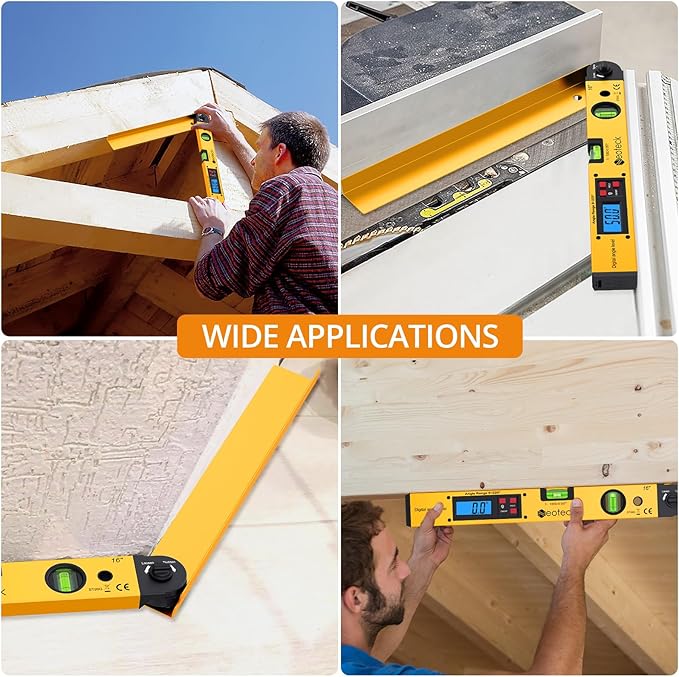 Neoteck 225° 16 inch Digital Angle Finder Aluminum Protractor with LCD Backlight Digital Angle Measuring Tool with Horizontal and Vertical Bubble for Woodworking, Construction, Machinery - Golden