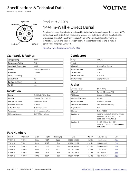 Voltive 14/4 Speaker Wire, in-Wall CL3 & Direct Burial, Black, 250ft - 14AWG, 4 Conductors, Stranded Oxygen-Free Copper, UL Listed - V-1209-3