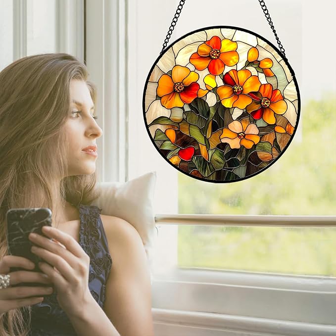 CRISGIF Stained Glass Window Hanging - Orange Marigolds Flowers Suncatcher for Door Garden Yard Sun Catchers Decor Christmas Mother's Day Birthday Gifts for Women Mom Nana Girlfriend Men 7.8 in